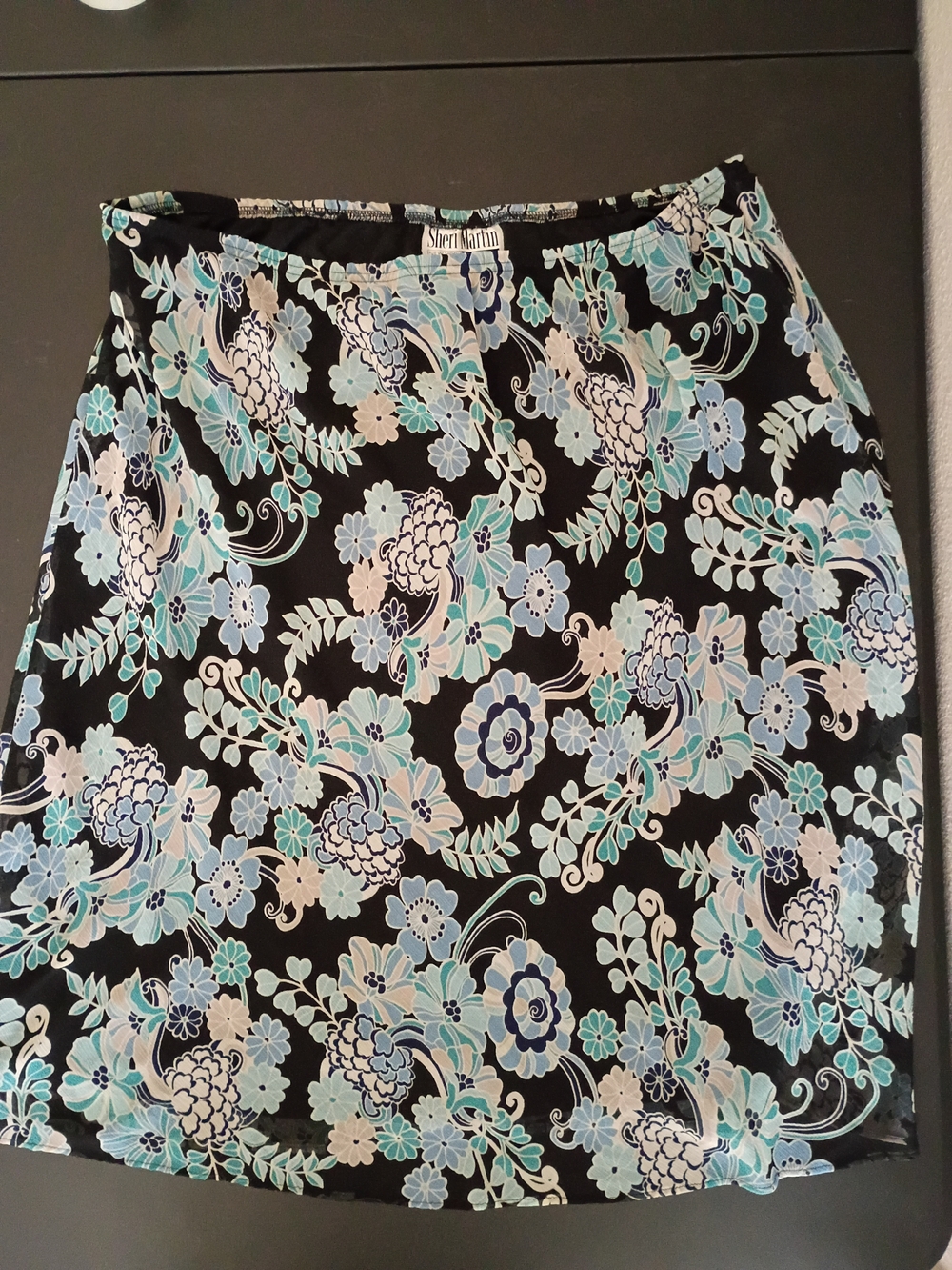 Sheri Martin New York Floral Mesh Midi Skirt Blue Black Elastic Waist Plus Size